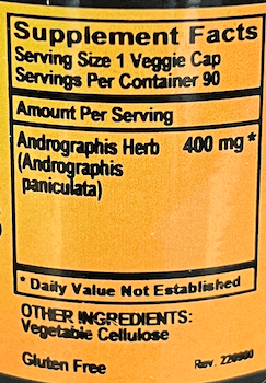 Betsy_s Basics Andographis 400 mg Veggie Caps Supplement Facts