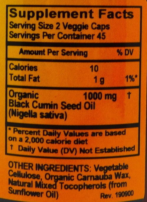 Betsy_s Basics Black Cumin Seed Oil Liquid Veggie Caps Supplement Facts