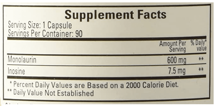 Ecological Formulas Monolaurin 600 mg Supplement Facts
