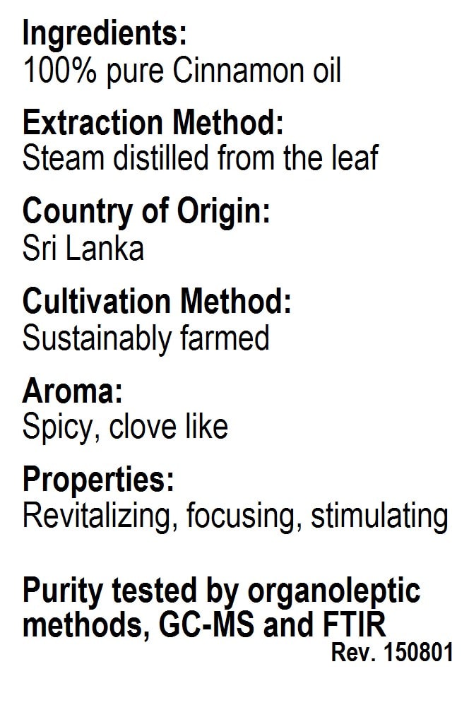 Betsy's Basics Cinnamon Leaf Essential Oil Facts Panel