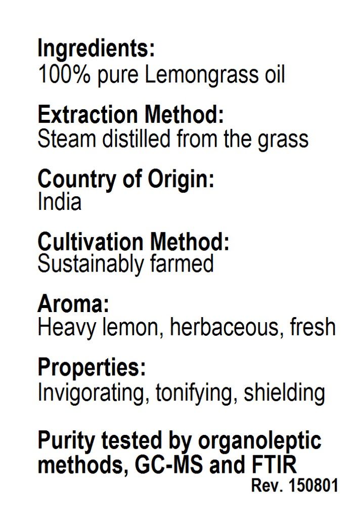 Betsy's Basics Lemongrass Essential Oil Facts Panel
