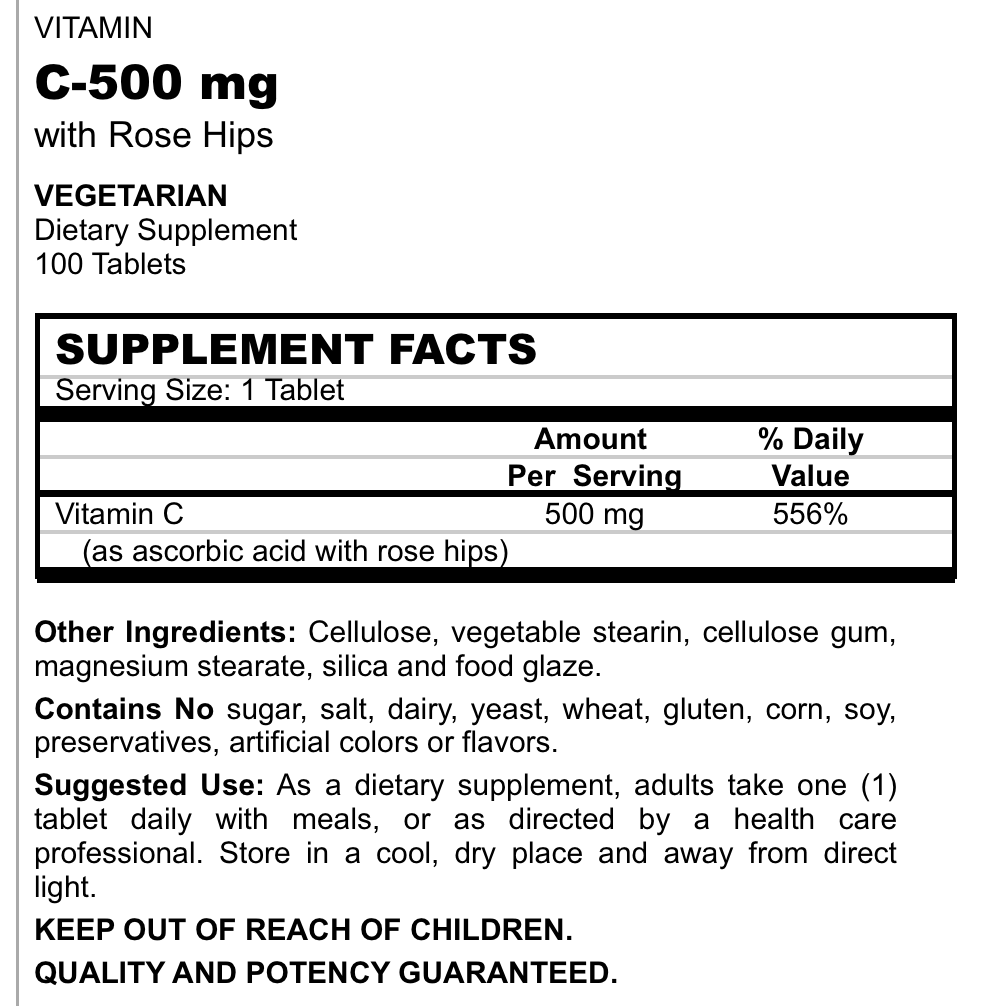 Betsy_s Basics Vitamin C-500 mg Supplement Facts