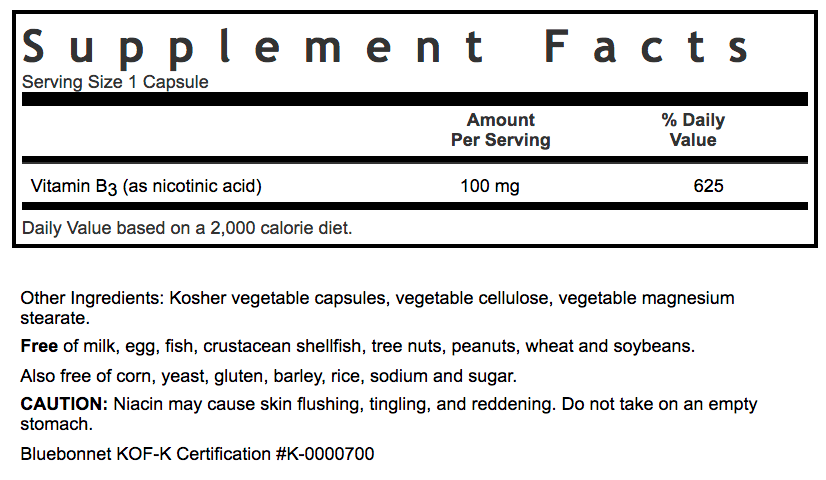 Bluebonnet Nutrition NIACIN 100 MG Supplement Facts