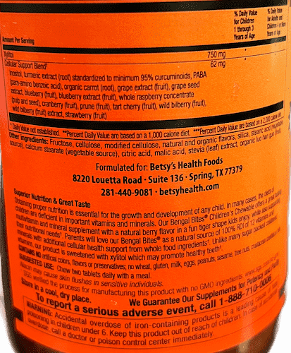 Betsy_s Basics Bengal Bites Kid_s Chewable Multivitamin Supplement Facts 2