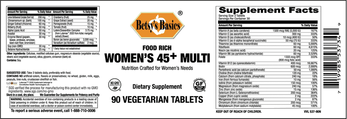 Betsy_s Basics Food Rich Women_s 45 Plus Multi Vegetarian Tablets Supplement Facts