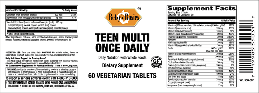 Betsy_s Basics Teen Multi Once Daily Supplement Facts
