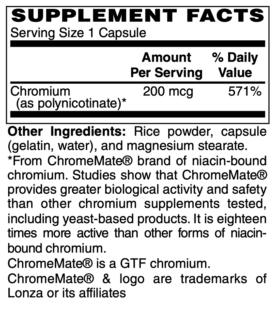 Betsy_s Basics Chromium GTF 200 mcg Supplement Facts