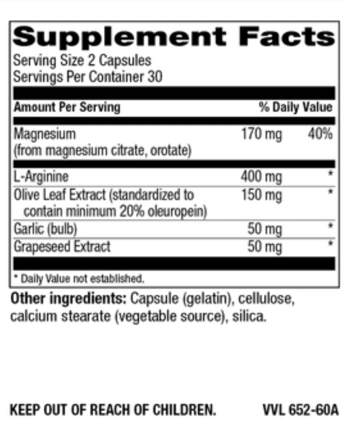 Betsy_s Basics Healthy Blood Pressure Support with Standardized Olive Leaf Extract Supplement Facts