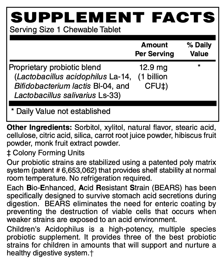Betsy_s Basics Children_s Acidophilus Supplement Facts