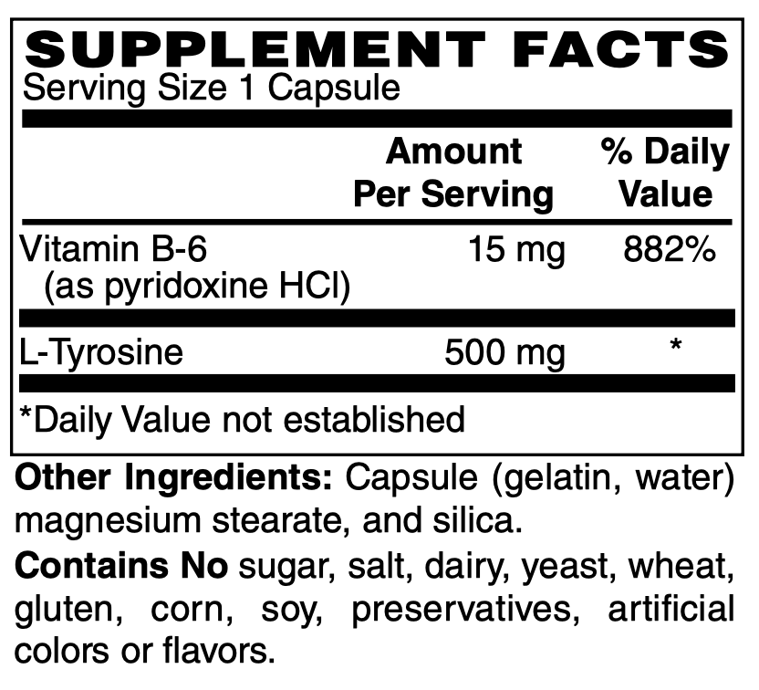 Betsy_s Basics L-Tyrosine 500 mg with B-6 caps Supplement Facts