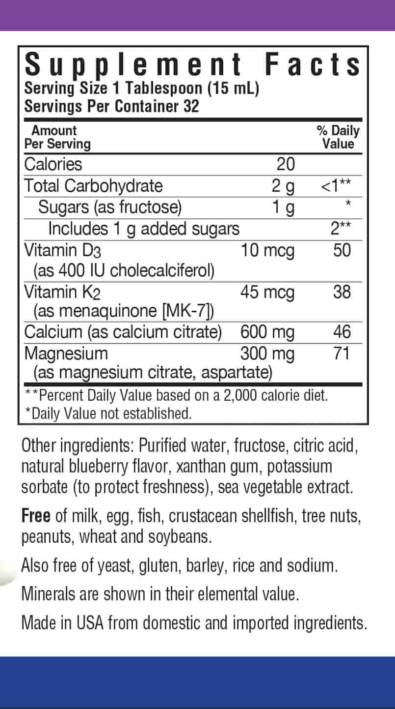 Bluebonnet Nutrition Liquid Bone Support Blueberry Flavor Supplement Facts