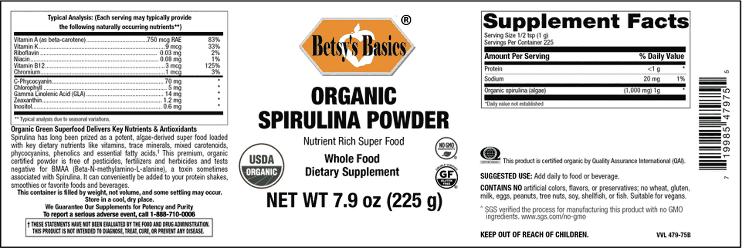 Betsy_s Basics Organic Spirulina Powder Supplement Facts label