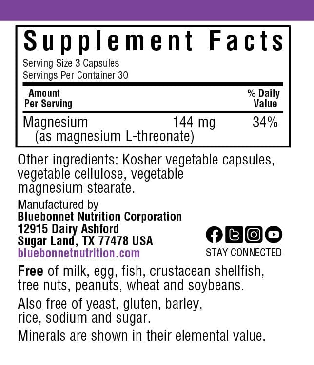 Bluebonnet Nutrition Magnesium L-Threonate Supplement Facts