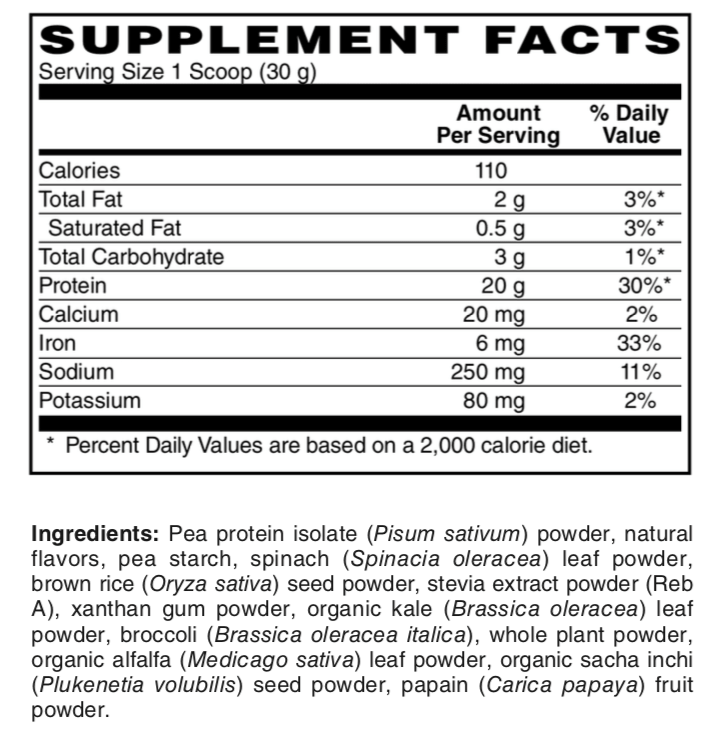 Betsy_s Basics Protein and Greens Powder Vanilla Supplement Facts