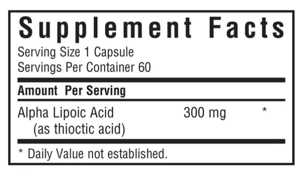 Bluebonnet Nutrition Alpha Lipoic Acid 300 mg Supplement Facts
