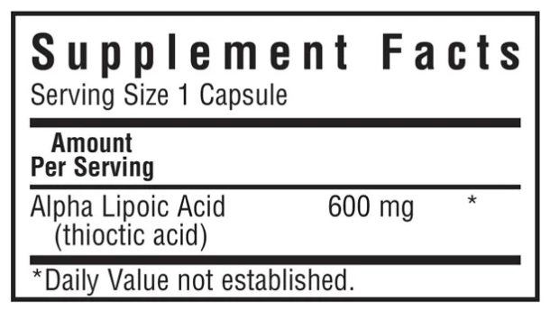 Bluebonnet Nutrition Alpha Lipoic Acid 600 mg Supplement Facts