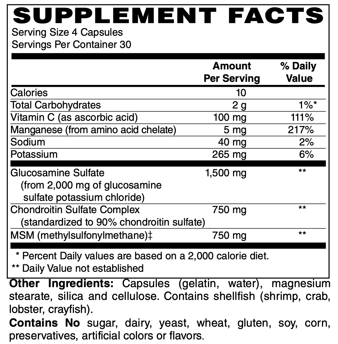 Betsy_s Basics Glucosamine Sulfate Chondroitin and MSM Supplement Facts
