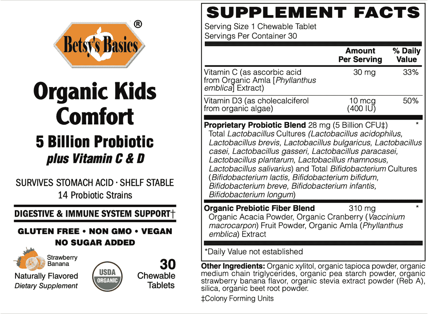 Organic Kids Comfort 5 Billion Probiotic Plus Vitamin C & D, 30 chew tabs