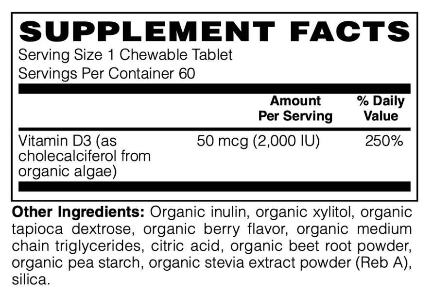 Betsy_s Basics Certified Organic Whole Food Vegan D-3 Chewable 2000 iu Supplement Facts