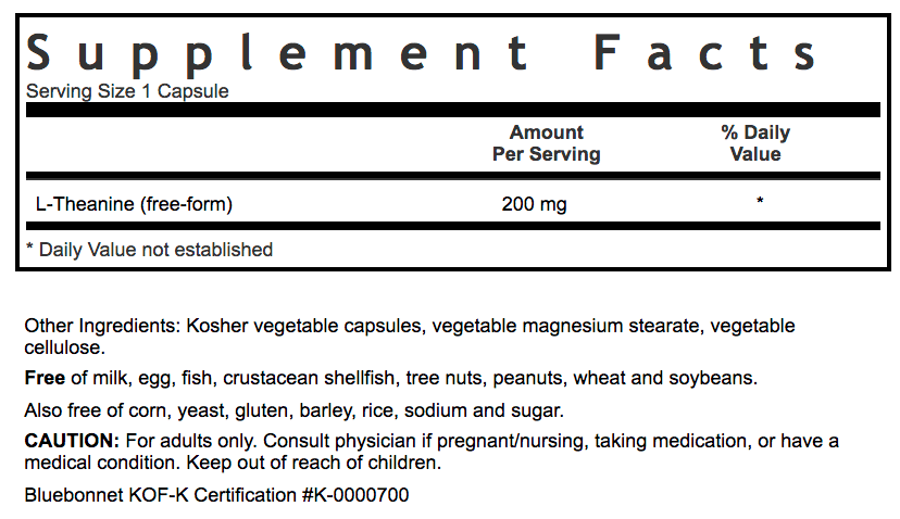 Bluebonnet Nutrition L-THEANINE 200 MG Supplement Facts