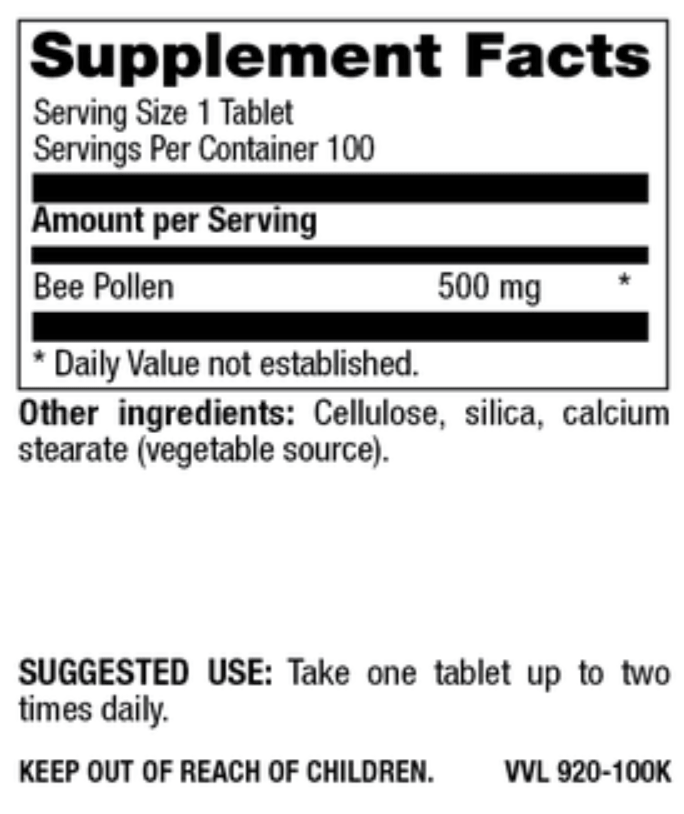Betsy_s Basics Bee Pollen 500 mg Supplement Facts