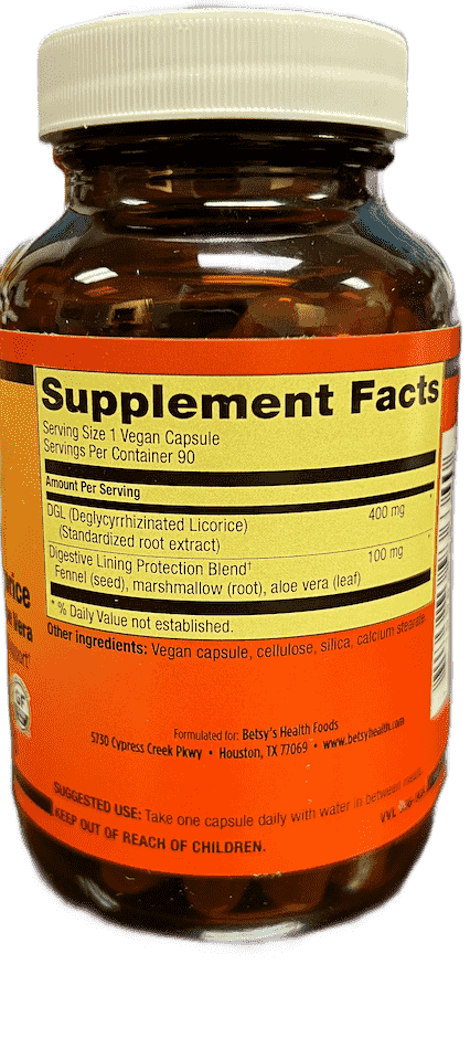 Betsy_s Basics DGL Deglycyrrhizinated Licorice with Fennel Marshmallow and Aloe Vera Supplement Facts