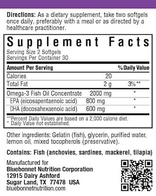 Bluebonnet Nutrition Omega-3 Fish Oil Heart Health Supplement Facts