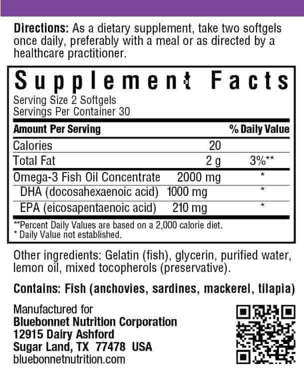 Bluebonnet Nutrition Omega-3 Fish Oil Brain Health Supplement Facts