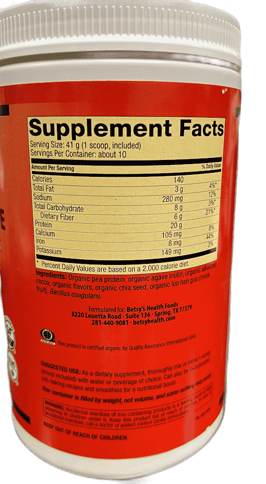 Betsy_s Basics Organic Chocolate Protein Powder Supplement Facts