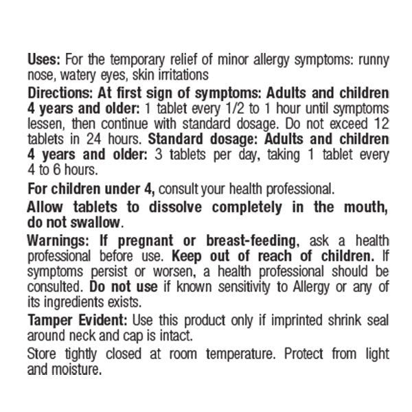 BHI Allergy Relief Tablets Product Label Directions
