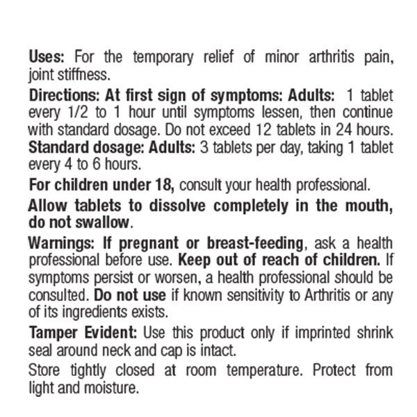 BHI Arthritis Pain Relief Tablets Directions Label