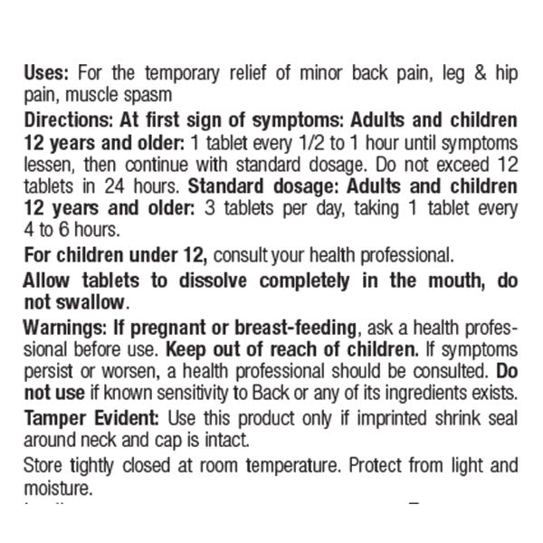 BHI Back Pain Relief Tablets Product Label Directions
