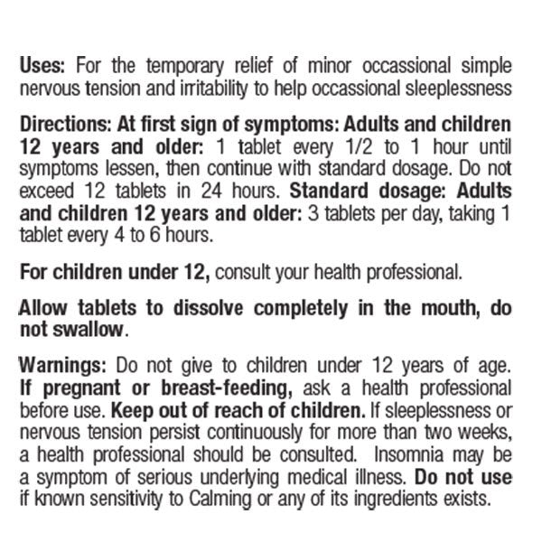 BHI Calming Tablets Product Directions Label
