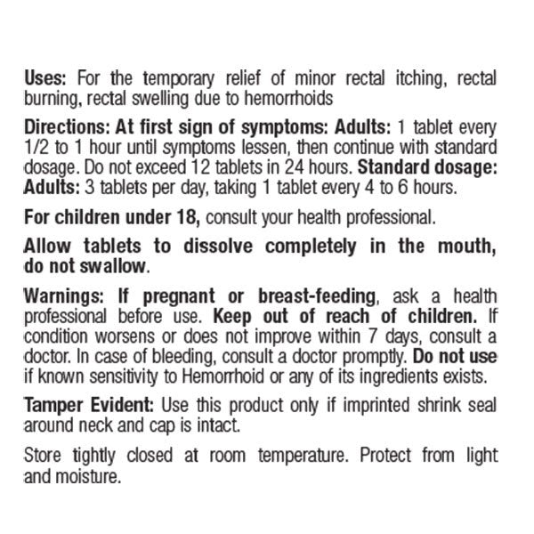 BHI Hemorrhoid Relief Tablets Product Label Directions