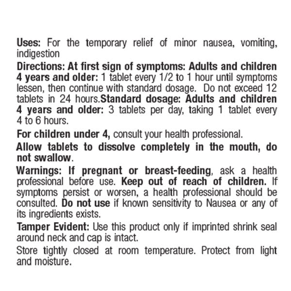 BHI Nausea Relief Tablets Product Directions Label