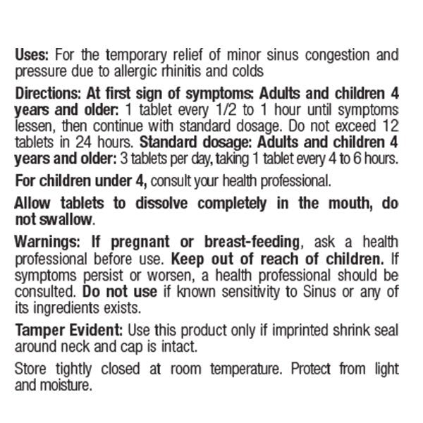 BHI Sinus Relief Tablets Product Directions Label