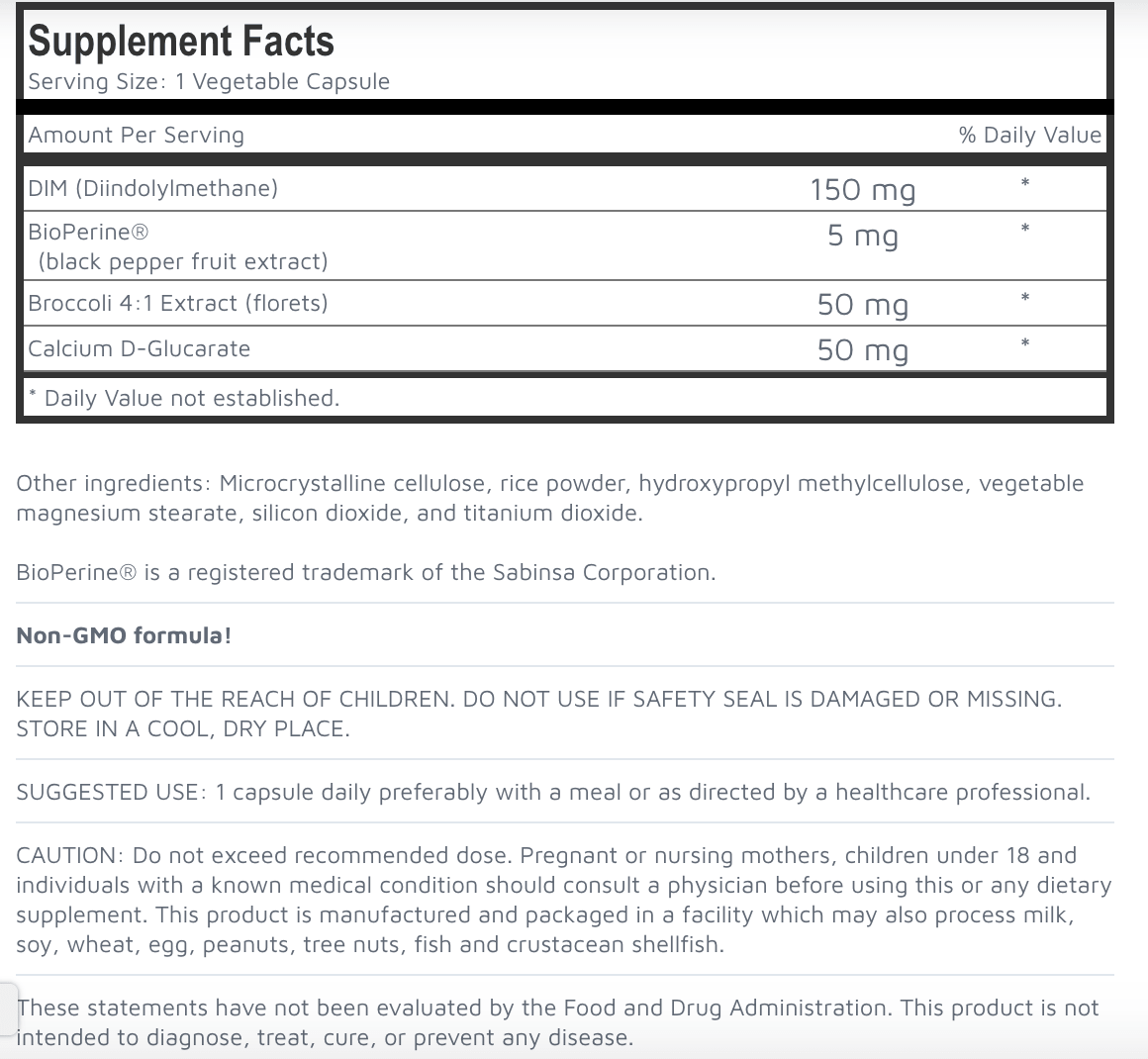 Betsy_s Basics Advanced DIM Plus Bioperene Supplement Facts