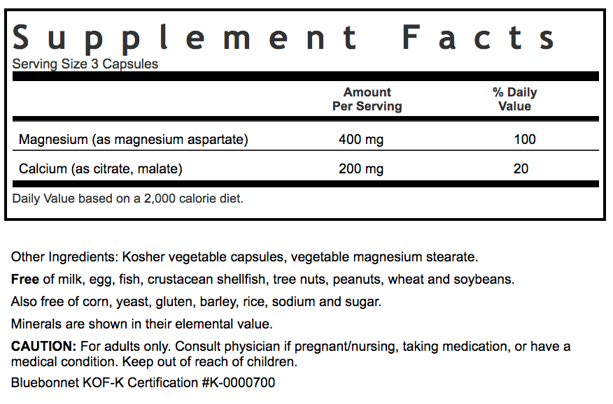 Bluebonnet Nutrition MAGNESIUM CALCIUM 2:1 RATIO Supplement Facts