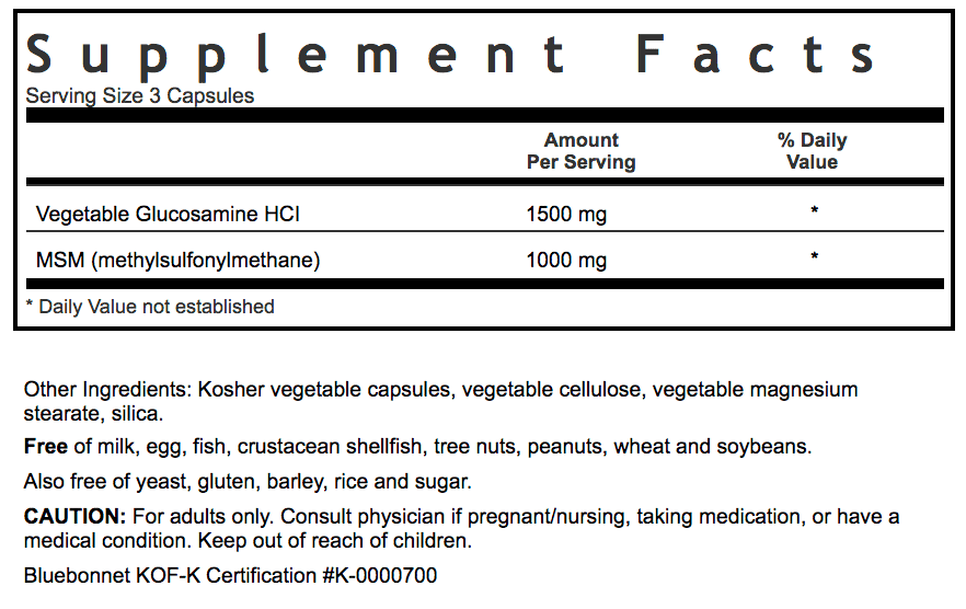 Bluebonnet Nutrition VEGETARIAN GLUCOSAMINE MSM Supplement Facts