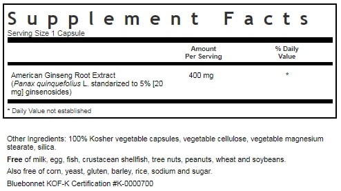 BLUEBONNET NUTRITION STANDARDIZED AMERICAN GINSENG ROOT EXTRACT SUPPLEMENT FACTS