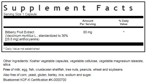 BLUEBONNET NUTRITION STANDARDIZED BILBERRY FRUIT EXTRACT SUPPLEMENT FACTS
