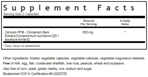 BLUEBONNET NUTRITION CINNULIN PF CINNAMON BARK EXTRACT Supplement Facts