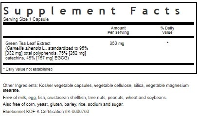BLUEBONNET NUTRITION STANDARDIZED EGCG GREEN TEA LEAF EXTRACT SUPPLEMENT FACTS