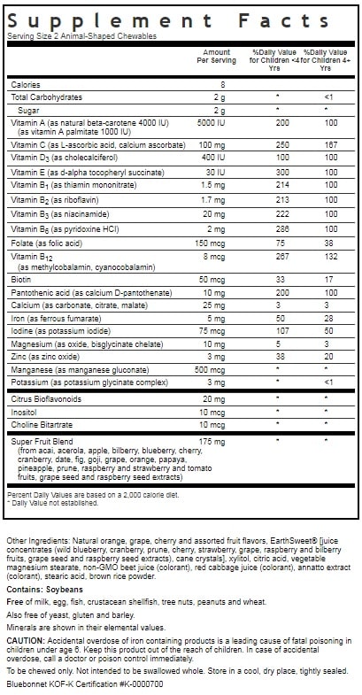 BLUEBONNET NUTRITION SUPER EARTH RAINFOREST ANIMALZ WHOLE FOOD BASED MULTIPLE ANIMALZ-SHAPED SUPPLEMENT FACTS 