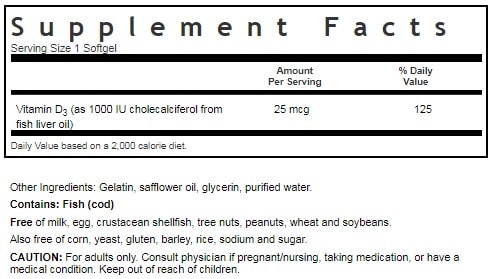 BLUEBONNET NUTRITION VITAMIN D3 1000 IU SUPPLEMENT FACTS