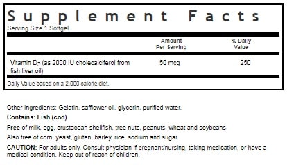 BLUEBONNET NUTRITION VITAMIN D3 2000 IU SUPPLEMENT FACTS