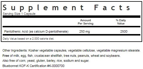 BLUEBONNET NUTRITION PANTOTHENIC ACID 250 MG SUPPLEMENT FACTS