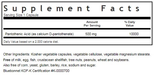 BLUEBONNET NUTRITION PANTOTHENIC ACID 500 MG SUPPLEMENT FACTS 