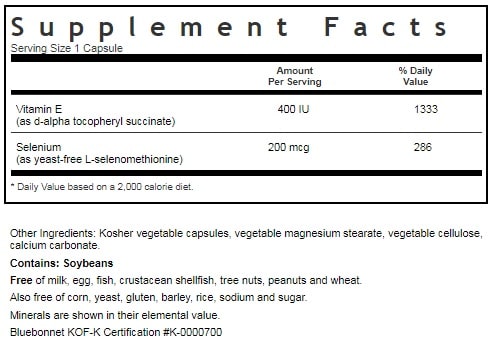 BLUEBONNET NUTRITION DRY E-400 IU PLUS SELENIUM SUPPLEMENT FACTS