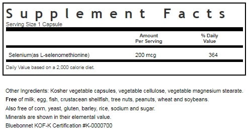 BLUEBONNET NUTRITION SELENIUM 200 MCG SUPPLEMENT FACTS